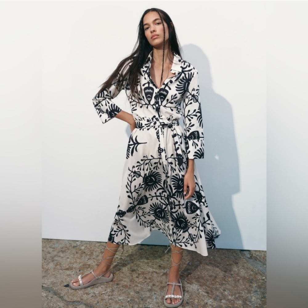 SUNDAY UP YVETE BLACK AND WHITE PRINT MIDI DRESS SIZE LARGE NWOT